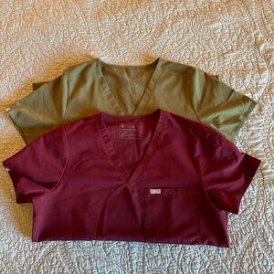 Figs Women's Scrub Tops - Green and Burgundy